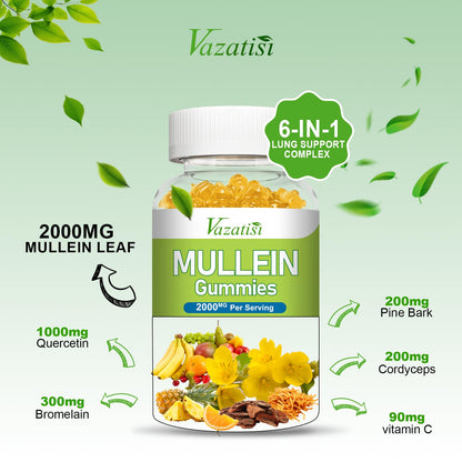 Vazatisi Mullein Gummies – Lung Health Support (Mullein Leaf, Bromelain, Cordyceps & Quercetin) 120ct