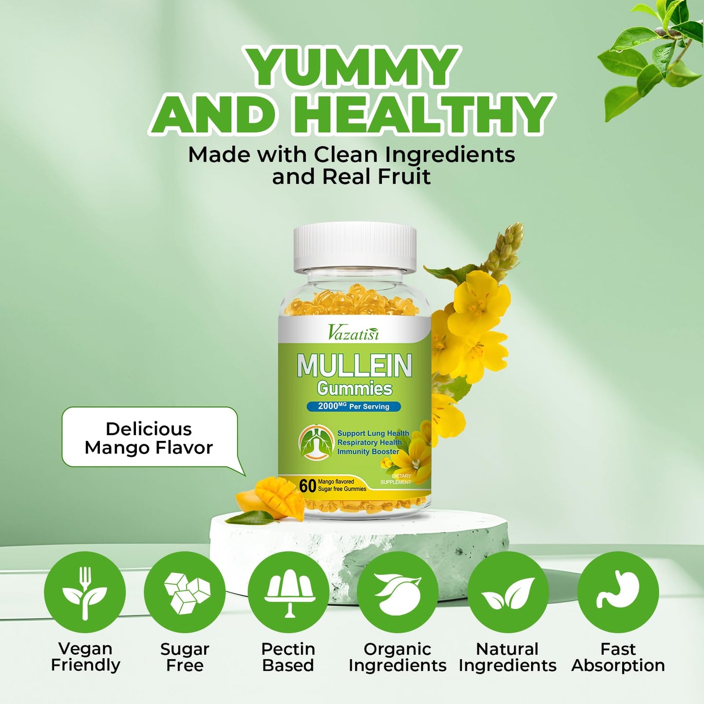 Vazatisi Mullein Gummies – Lung Health Support (Mullein Leaf, Bromelain, Cordyceps & Quercetin) 120ct