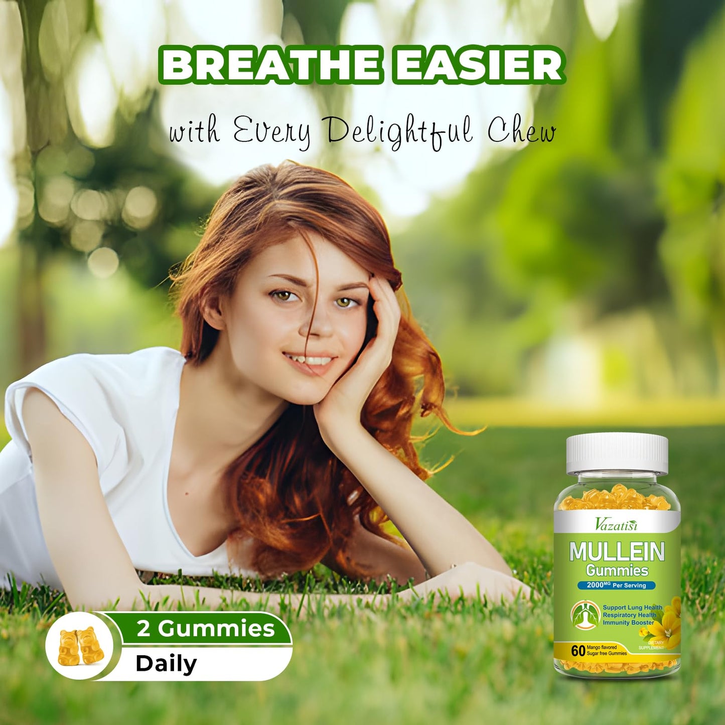 Vazatisi Mullein Gummies – Lung Health Support (Mullein Leaf, Bromelain, Cordyceps & Quercetin) 120ct