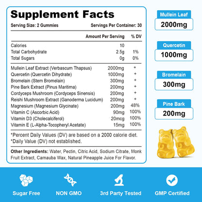 Vazatisi Mullein Gummies – Lung Detox, Pineapple Flavor, 120 Cts