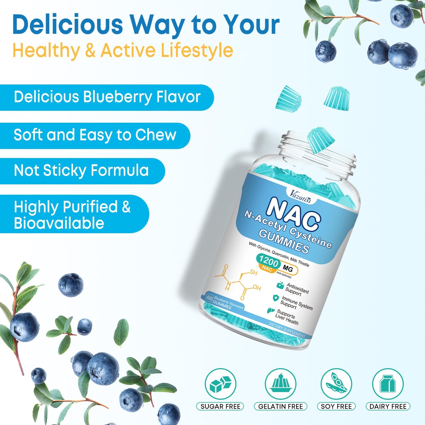 Vazatisi NAC Gummies – 600 mg NAC, Milk Thistle, Selenium, B6, B12 | 120 ct