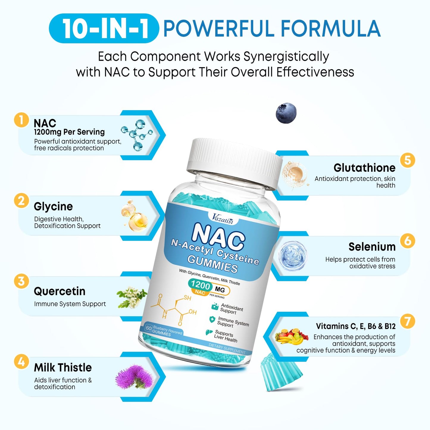Vazatisi NAC Gummies – 600 mg NAC, Milk Thistle, Selenium, B6, B12 | 120 ct