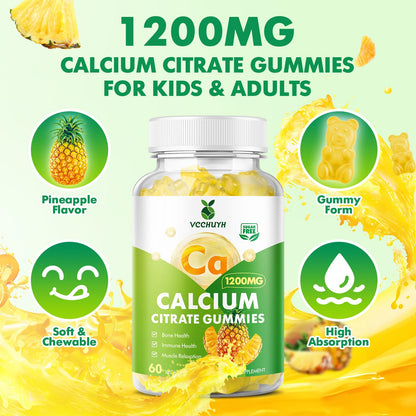 VCCHUYH Calcium Citrate Gummies 1200 mg – Sugar-Free, Vegan, Pineapple