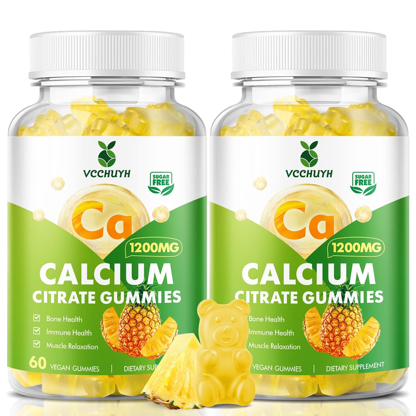 VCCHUYH Calcium Citrate Gummies 1200 mg - Sugar Free, Chewable Calcium for Adults & Kids | Pineapple