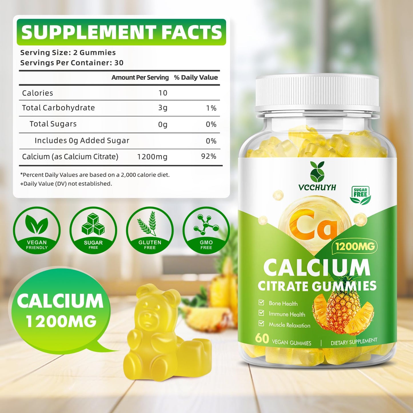 VCCHUYH Calcium Citrate Gummies 1200 mg - Sugar Free, Chewable Calcium for Adults & Kids | Pineapple