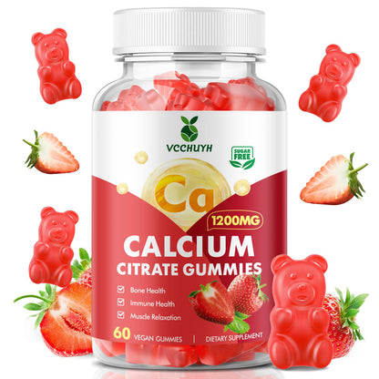 VCCHUYH Calcium Citrate Gummies 1200mg – Sugar Free Strawberry 60 Count | Bone, Muscle & Immune Support