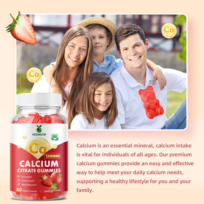 VCCHUYH Calcium Citrate Gummies 1200mg – Sugar Free Strawberry 60 Count | Bone, Muscle & Immune Support