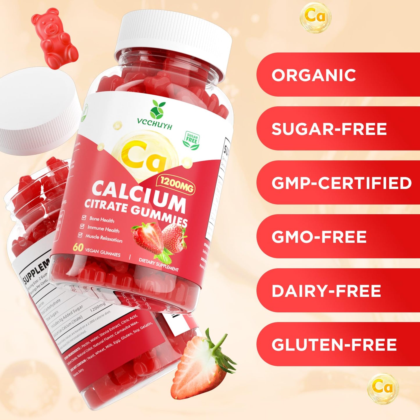 VCCHUYH Calcium Citrate Gummies 1200mg – Sugar Free Strawberry 60 Count | Bone, Muscle & Immune Support