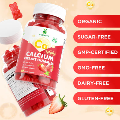 VCCHUYH Calcium Citrate Gummies 1200mg – Sugar Free Strawberry 60 Count | Bone, Muscle & Immune Support
