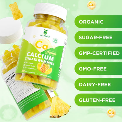 VCCHUYH Calcium Citrate Gummies 1200 mg – Sugar-Free, Vegan, Pineapple