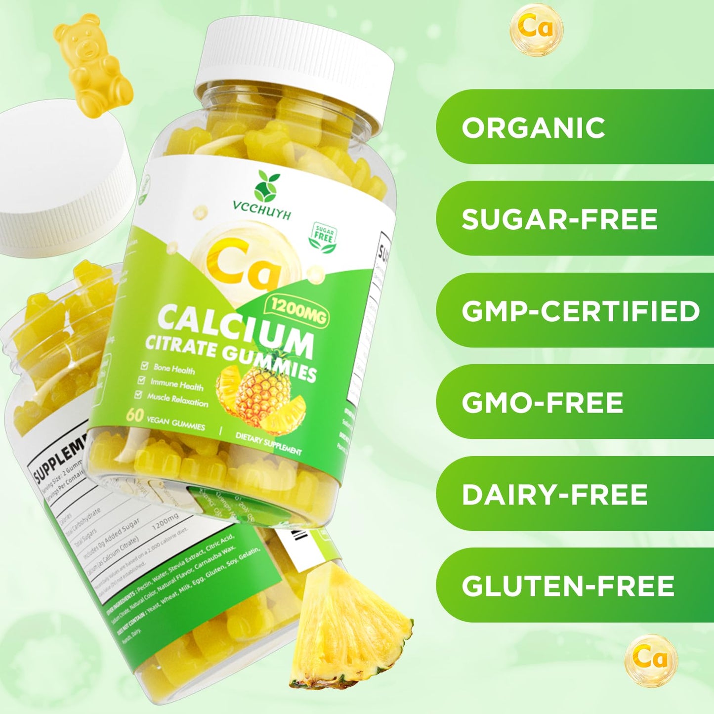 VCCHUYH Calcium Citrate Gummies 1200 mg - Sugar Free, Chewable Calcium for Adults & Kids | Pineapple