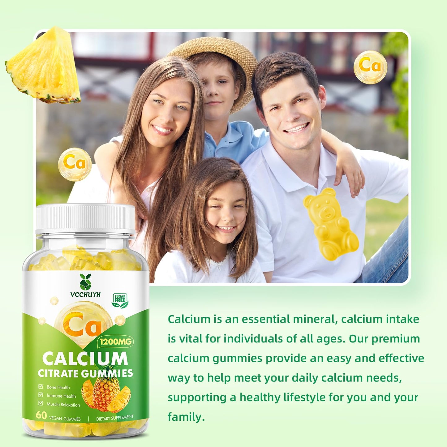 VCCHUYH Calcium Citrate Gummies 1200 mg - Sugar Free, Chewable Calcium for Adults & Kids | Pineapple