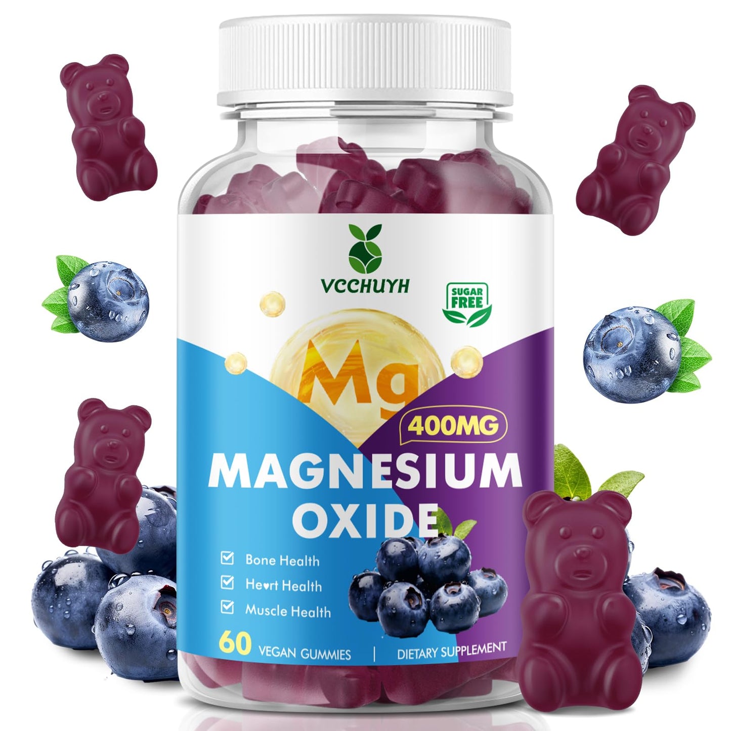 VCCHUYH Magnesium Oxide Gummies 400mg – Sugar Free, Blueberry, 60 Count