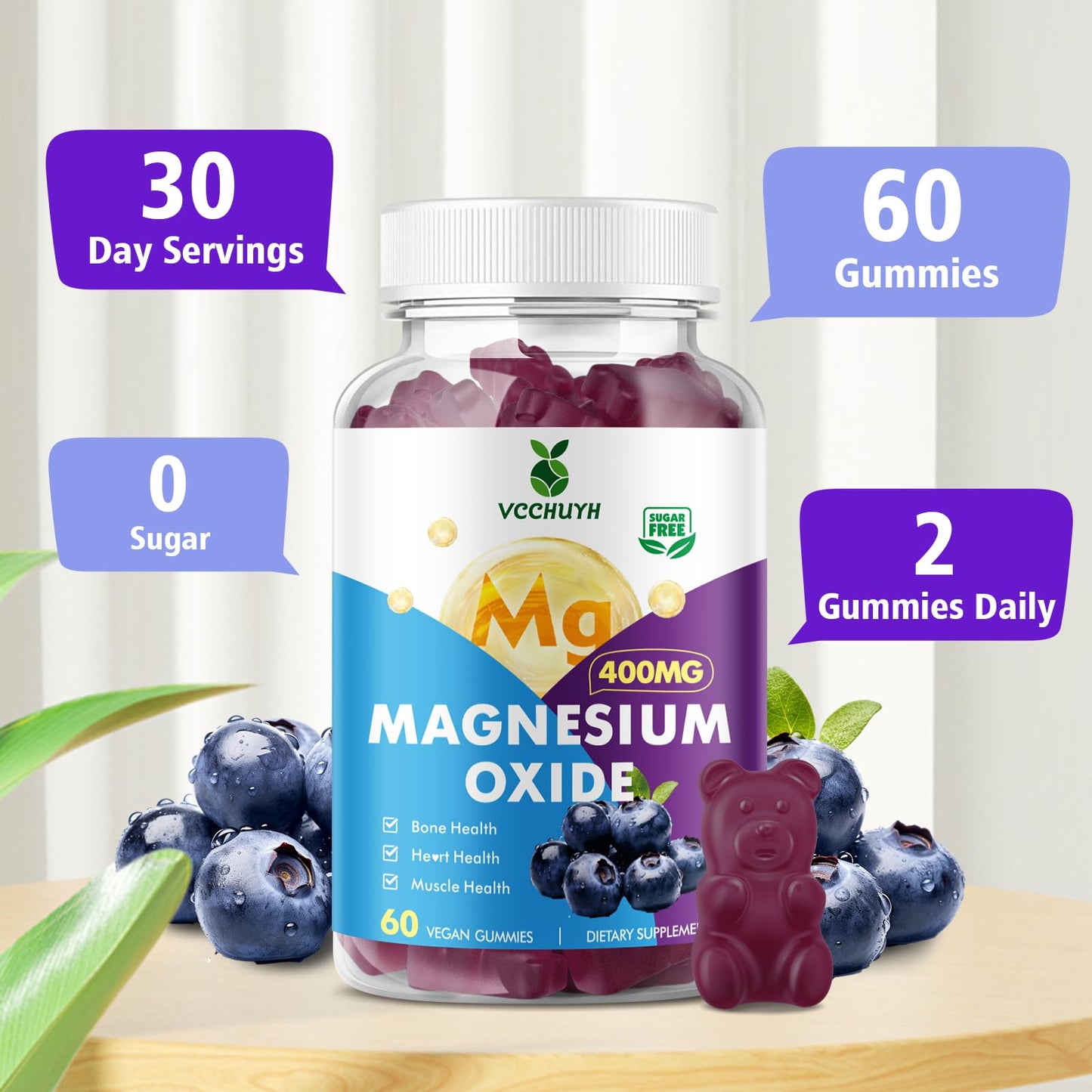 VCCHUYH Magnesium Oxide Gummies 400mg – Sugar Free, Blueberry, 60 Count