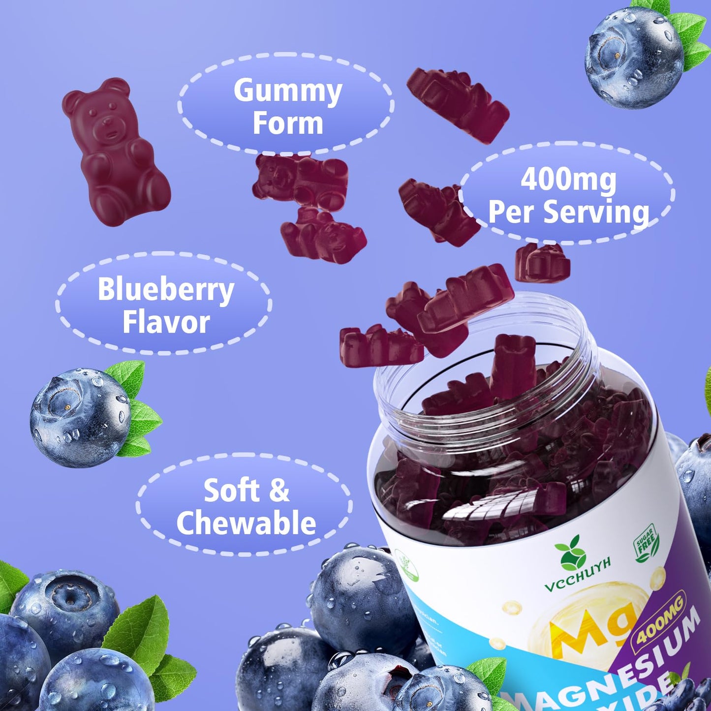 VCCHUYH Magnesium Oxide Gummies 400mg – Sugar Free, Blueberry, 60 Count