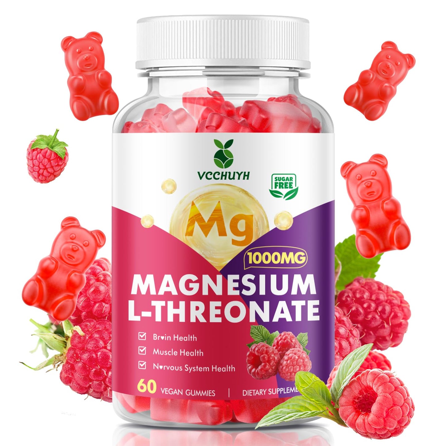 VCCHUYH Magnesium Threonate Gummies – 1000mg, Raspberry, for Kids & Adults