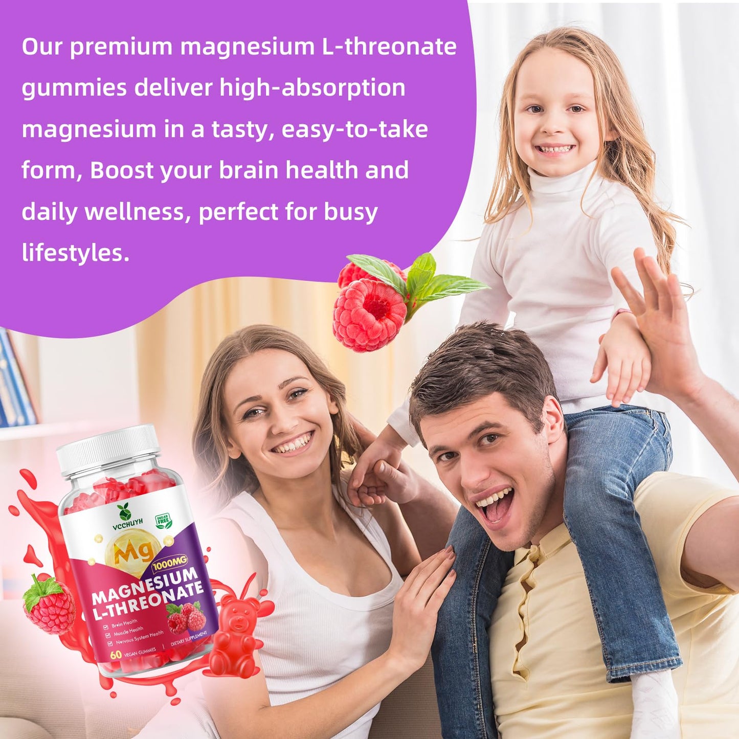 VCCHUYH Magnesium Threonate Gummies – 1000mg, Raspberry, for Kids & Adults