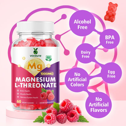 VCCHUYH Magnesium Threonate Gummies – 1000mg, Raspberry, for Kids & Adults