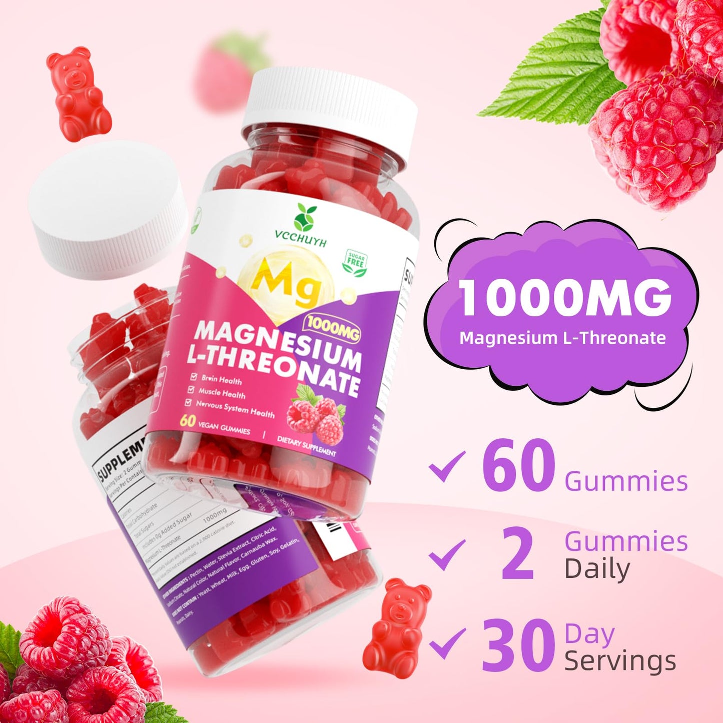 VCCHUYH Magnesium Threonate Gummies – 1000mg, Raspberry, for Kids & Adults