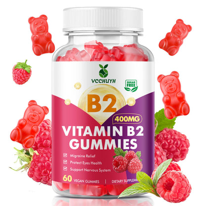 VCCHUYH Vitamin B2 Gummies with Magnesium – 400mg Riboflavin for Migraine Relief (Vegan, Non-GMO, Raspberry, 60 Count)
