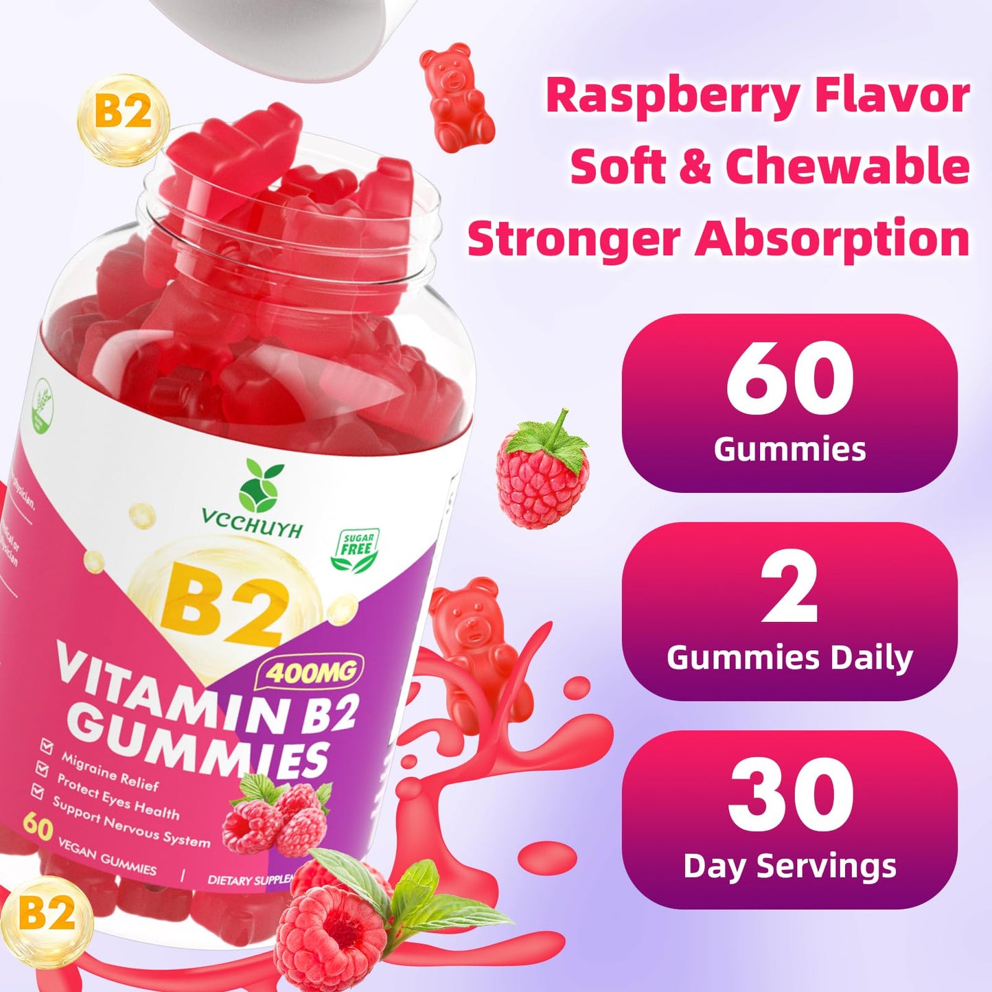 VCCHUYH Vitamin B2 Gummies with Magnesium – 400mg Riboflavin for Migraine Relief (Vegan, Non-GMO, Raspberry, 60 Count)