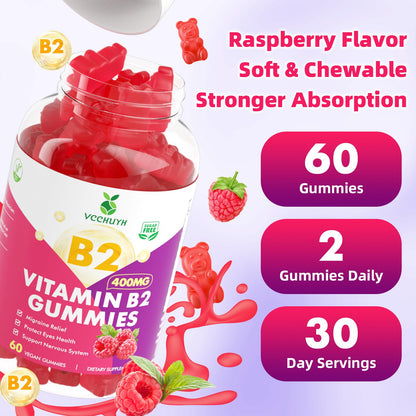 VCCHUYH Vitamin B2 Gummies with Magnesium – 400mg Riboflavin for Migraine Relief (Vegan, Non-GMO, Raspberry, 60 Count)