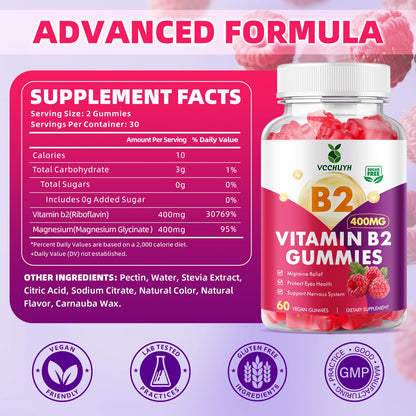VCCHUYH Vitamin B2 Gummies with Magnesium – 400mg Riboflavin for Migraine Relief (Vegan, Non-GMO, Raspberry, 60 Count)