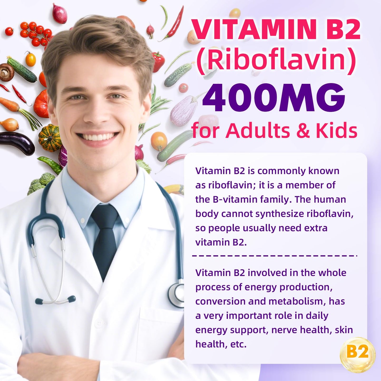 VCCHUYH Vitamin B2 Gummies with Magnesium – 400mg Riboflavin for Migraine Relief (Vegan, Non-GMO, Raspberry, 60 Count)
