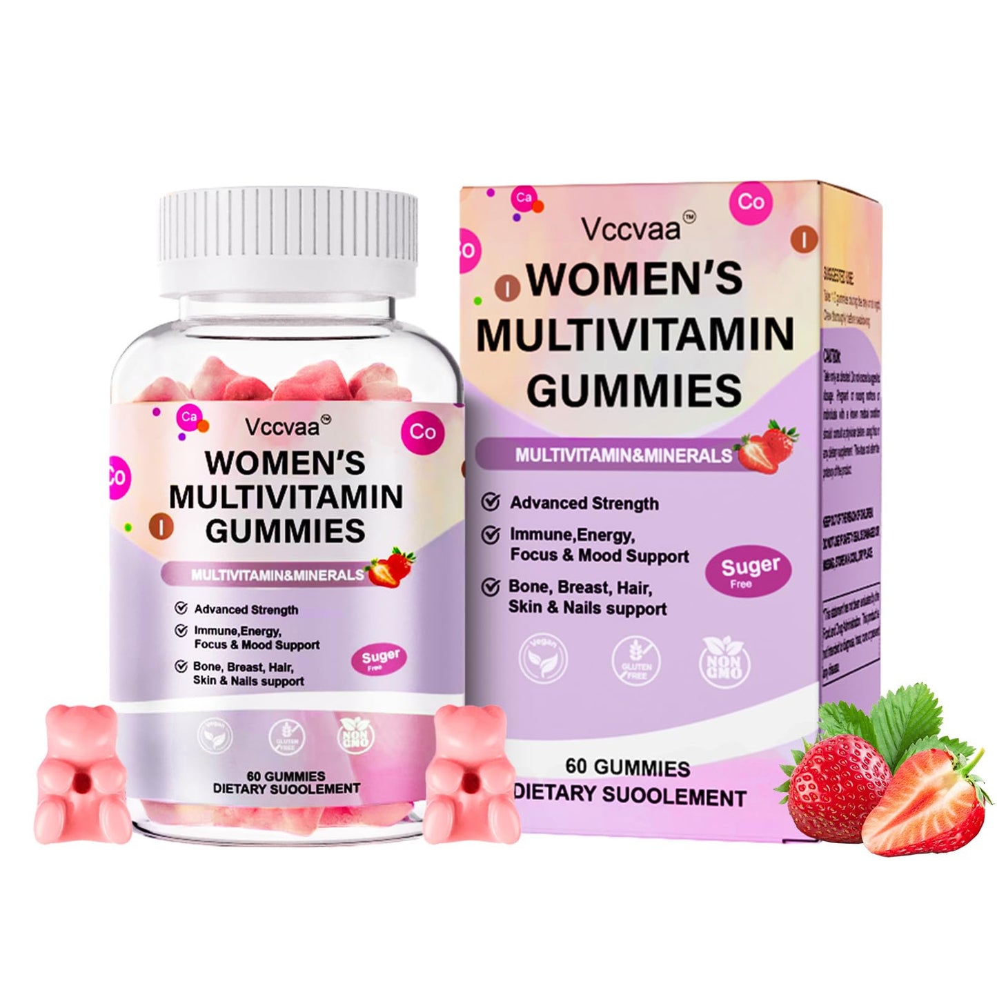 Vccvaa Sugar Free Multivitamin Gummies for Women 14+ – Iron, Folate, 20+ Nutrients | Vegan
