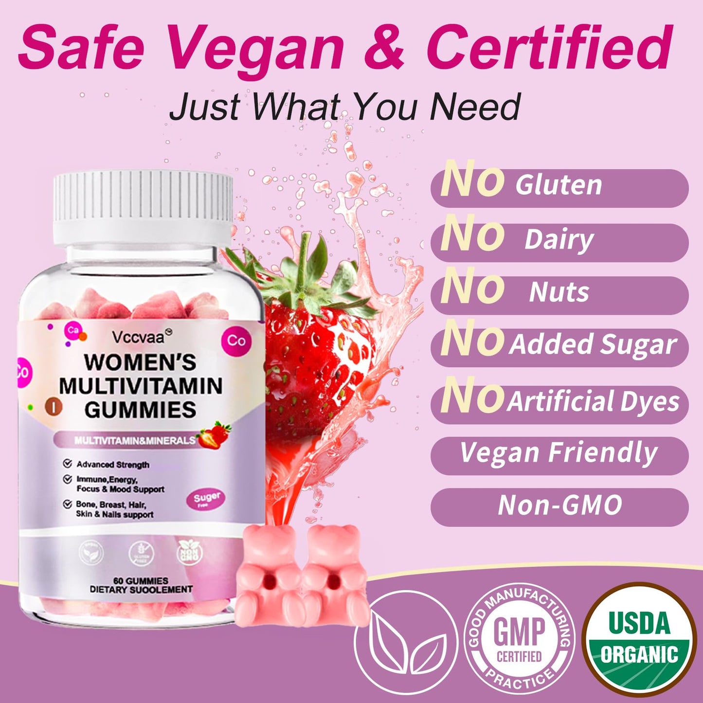 Vccvaa Sugar Free Multivitamin Gummies for Women 14+ – Iron, Folate, 20+ Nutrients | Vegan