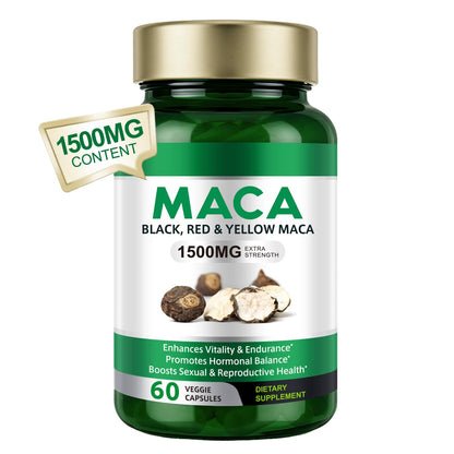Vceeoy Maca Root Capsules - 1500mg Black, Red & Yellow Maca with Black Pepper Extract | Energy Boost for Women & Men - 60 Capsules