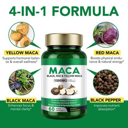 Vceeoy Maca Root Capsules - 1500mg Black, Red & Yellow Maca with Black Pepper Extract | Energy Boost for Women & Men - 60 Capsules