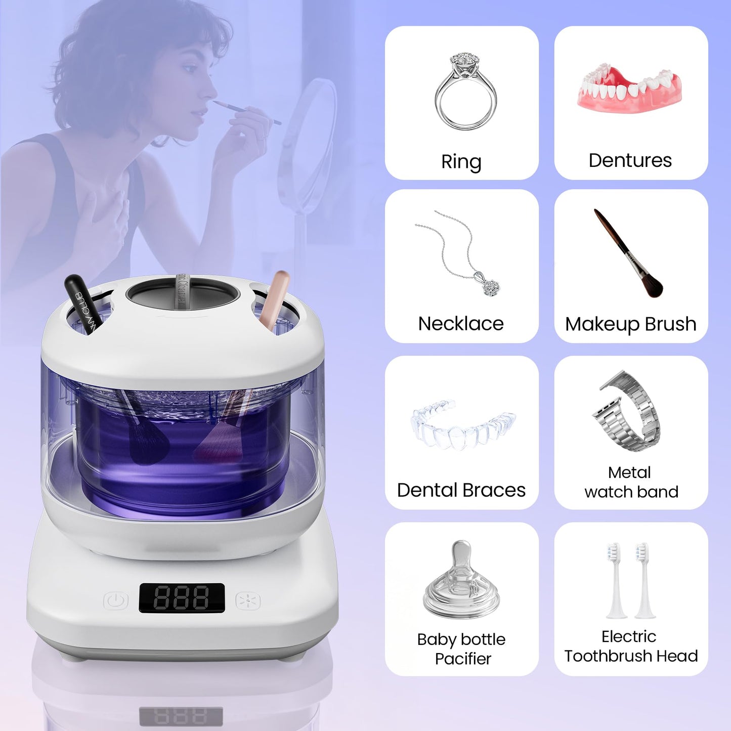 Vcyems Ultrasonic Jewelry Cleaner with UV Light - 42kHz, 3 Modes, Waterproof
