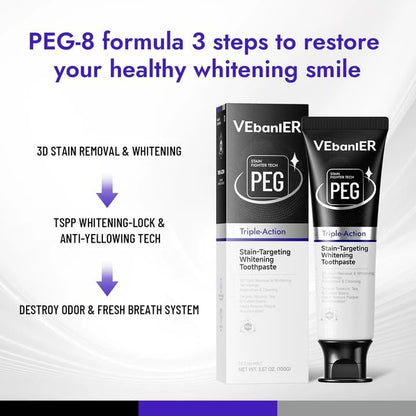 VEbanlER Stain-Targeting Teeth Whitening Toothpaste 3.57oz – Fluoride-Free, Non-Toxic, 3D White with Charcoal, Safe for Adults, Kids & Sensitive Teeth