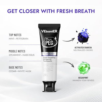 VEbanlER Stain-Targeting Teeth Whitening Toothpaste 3.57oz – Fluoride-Free, Non-Toxic, 3D White with Charcoal, Safe for Adults, Kids & Sensitive Teeth