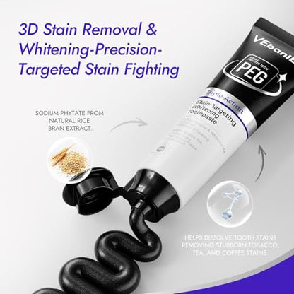 VEbanlER Stain-Targeting Teeth Whitening Toothpaste 3.57oz – Fluoride-Free, Non-Toxic, 3D White with Charcoal, Safe for Adults, Kids & Sensitive Teeth
