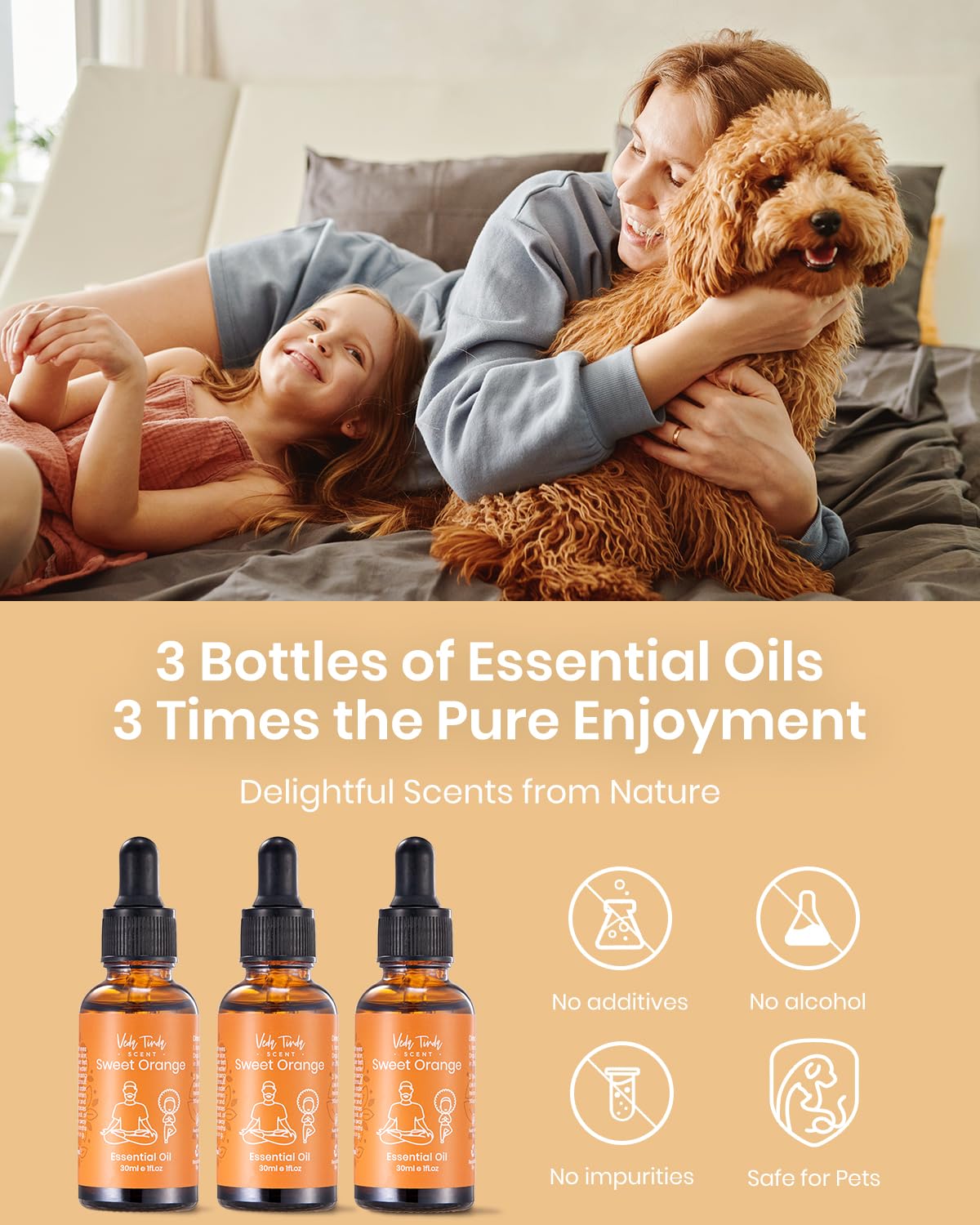 VEDA TINDA SCENT Sweet Orange Essential Oils Set – 3x 1 oz Bottles with Glass Droppers for Aromatherapy & DIY Skincare