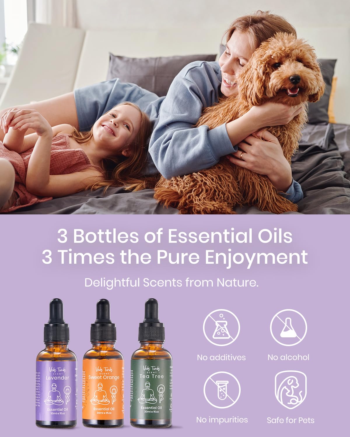 VTS Essential Oils Set – Lavender, Sweet Orange & Tea Tree | Premium Grade with Droppers