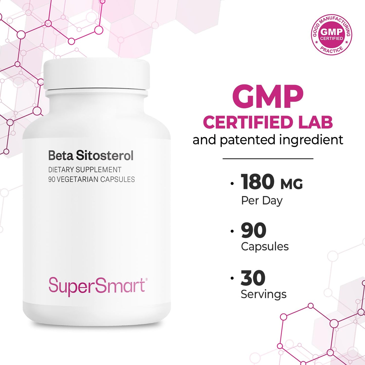 SuperSmart Beta-Sitosterol 180 mg/day (Patented) | Plant Sterols for Men | Non-GMO & Gluten Free