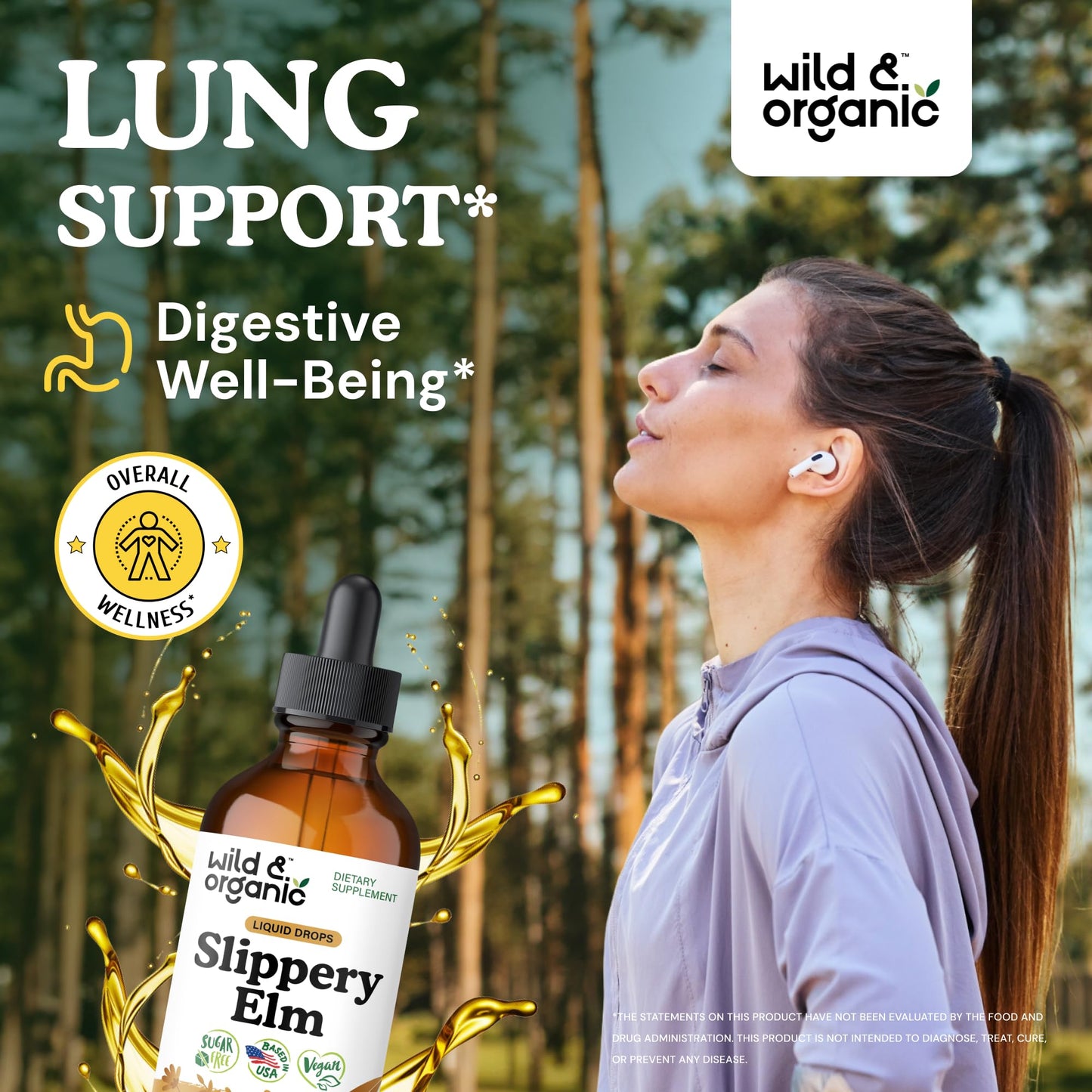 Wild & Organic Slippery Elm Liquid Drops - Lung, Digestive & Women's Support - Slippery Elm Bark Extract Tincture - Ulmus Rubra Supplement - Vegan, Sugar & Alcohol-Free - 4 fl oz