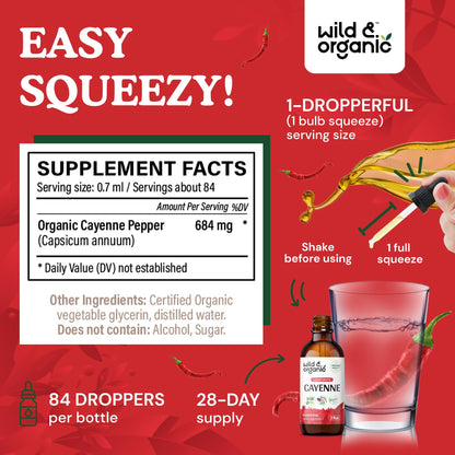 Wild & Organic Cayenne Pepper Tincture - Digestive Support, Alcohol-Free Drops, 2 fl oz