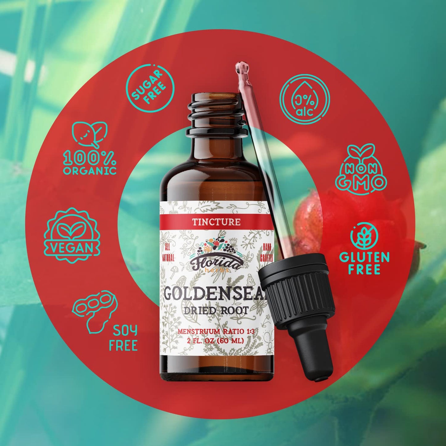 Goldenseal Tincture 2 oz – Organic Herbal Extract | Alcohol Free | Vegan Drops – Made in USA