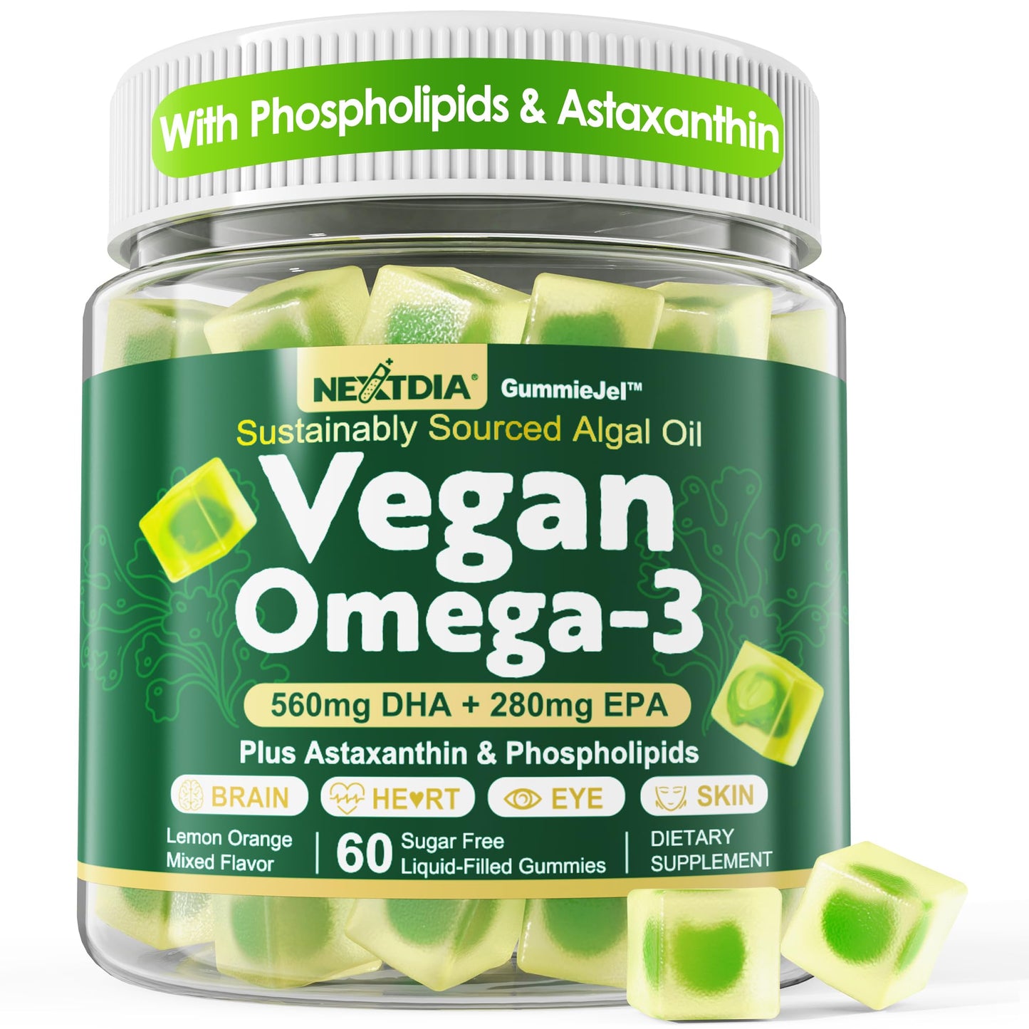 Vegan Algae Omega-3 Gummies | 560mg DHA / 280mg EPA + Astaxanthin & Vitamin D3 | Sugar Free 60-Count