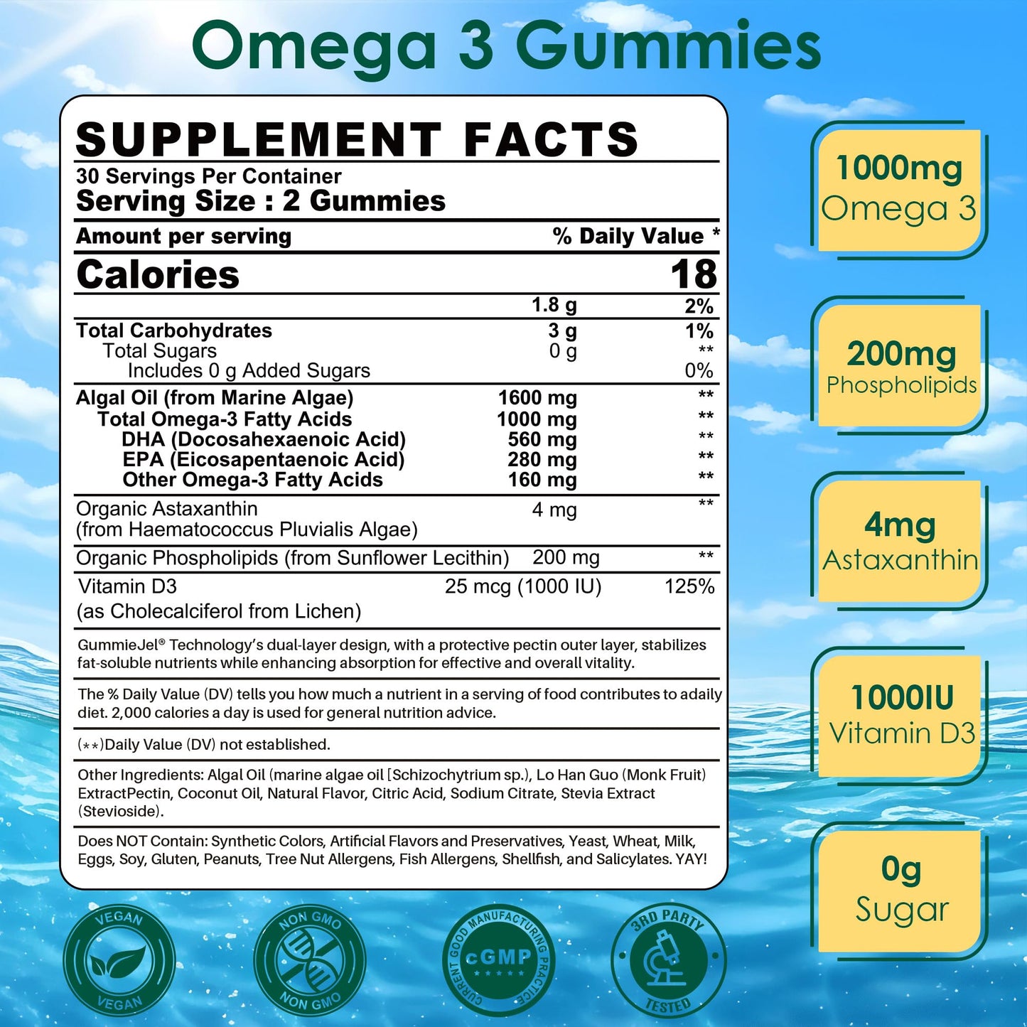 Vegan Algae Omega-3 Gummies | 560mg DHA / 280mg EPA + Astaxanthin & Vitamin D3 | Sugar Free 60-Count