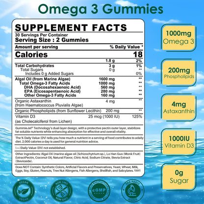 Vegan Algae Omega-3 Gummies | 560mg DHA / 280mg EPA + Astaxanthin & Vitamin D3 | Sugar Free 60-Count