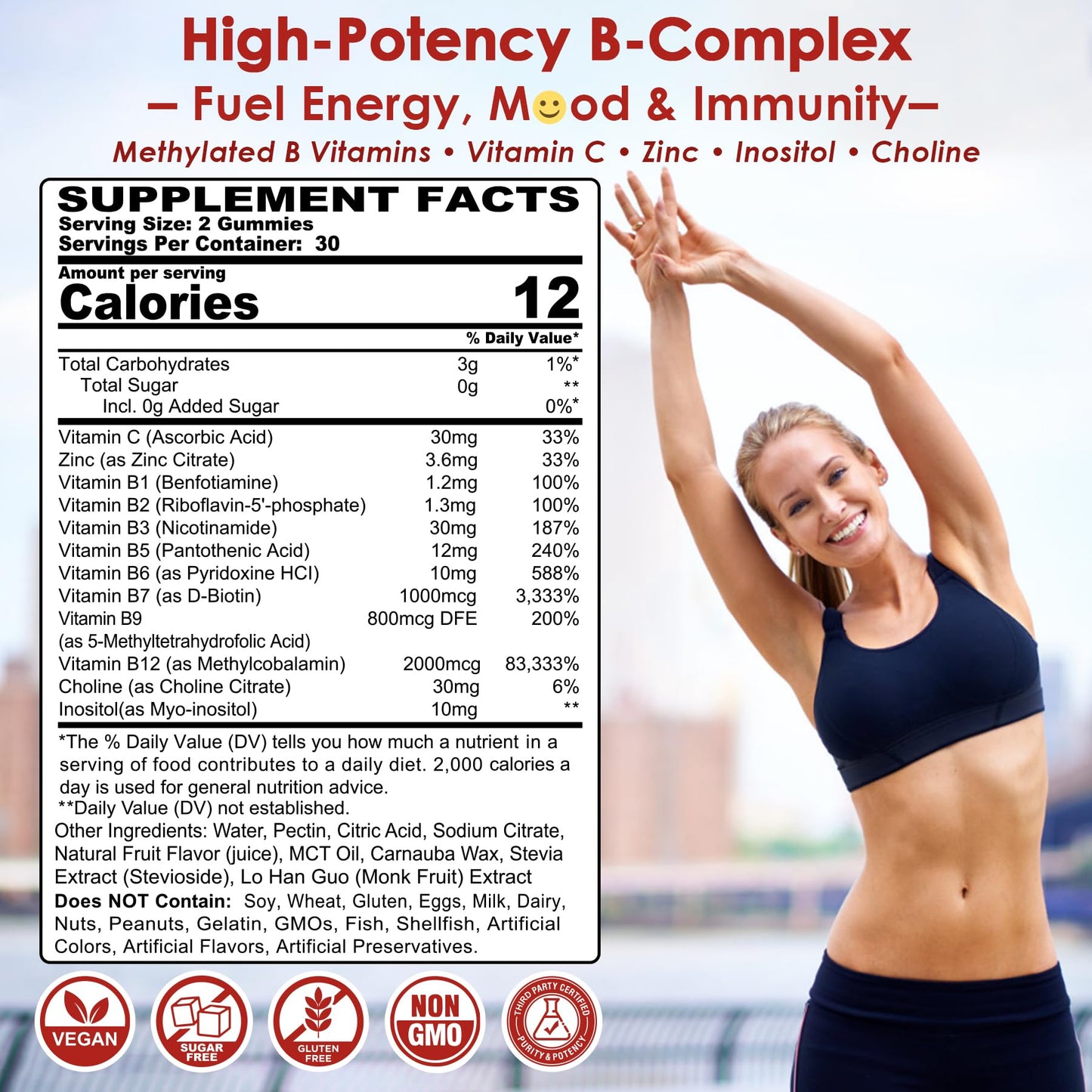 Vitamin B Complex Gummies – Vegan B Vitamins with 2000 mcg Methyl B12, Methyl Folate, Plus Choline + Inositol | Vitamin C + Zinc for Energy, Mood & Immunity – 120 Gummies
