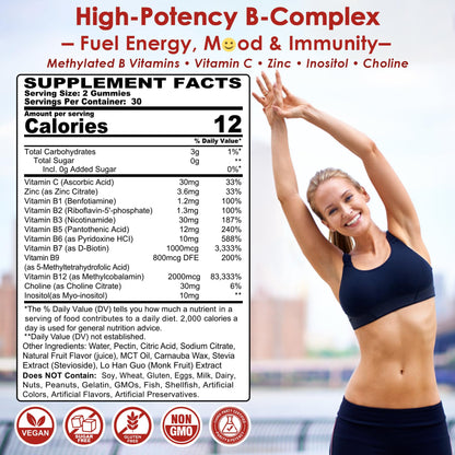 Vitamin B Complex Gummies – Vegan B Vitamins with 2000 mcg Methyl B12, Methyl Folate, Plus Choline + Inositol | Vitamin C + Zinc for Energy, Mood & Immunity – 120 Gummies