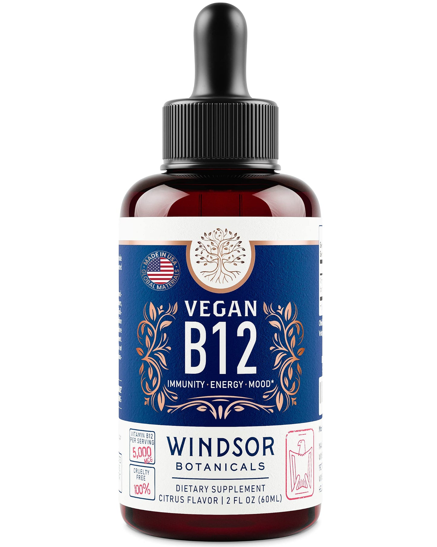 Vegan Vitamin B12 Liquid 5000 mcg | Sublingual Methylcobalamin Drops - 2oz