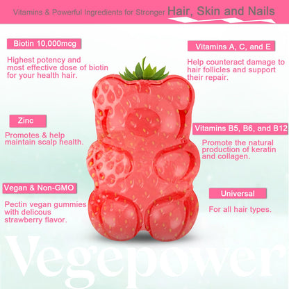 Biotin Gummies 10000mcg - Vegan Hair Growth Gummies for Women & Girls | Strawberry, Non-GMO, 120 Bears