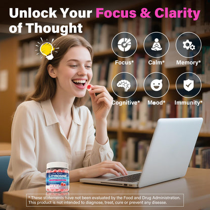 L Tyrosine Gummies 1200mg + GABA L-Theanine Calm & Focus – Vegan Brain Support